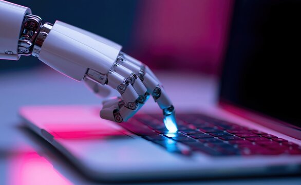 Robot hand using a laptop keyboard with robotic artificial intelligence technology