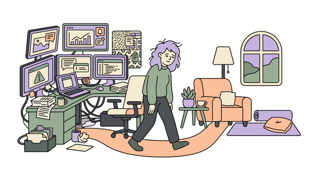 Exhausted woman walking away from cluttered home office desk to rest