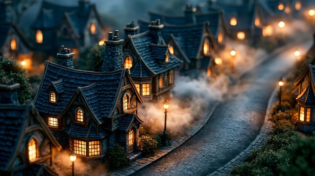 Tilt Shift Miniature Haunted Village with Glowing Windows