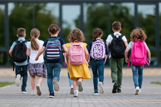 School children with backpacks running to elementary education after school classes