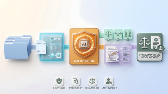 Legal tech workflow showing artificial intelligence bias detection process for fair and impartial corporate legal review