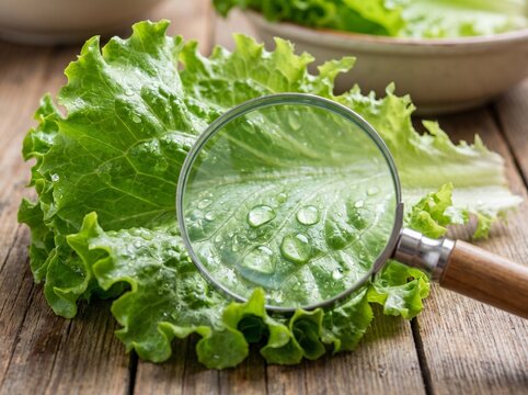 Fresh lettuce under magnifying glass highlighting water droplets and potential parasite contamination risk