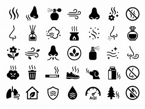 Smell No Smell. Solid glyph icon set of smell and no smell signs: nose, no smell sign, odor wave, fragrance bottle, clean label, scent drop, flower scent, neutral scent, aroma cloud, perfume bottle