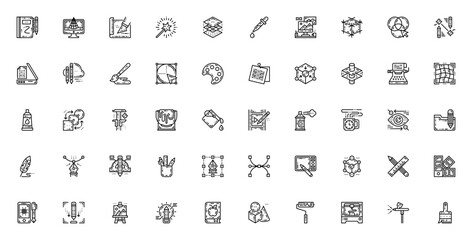 Creative Tools icon pack. Minimal thin line web icons set. Featuring sketching, magic wand, layers, pipette, paint brush, shapes, palette, 3D printer, airbrush and more. Editable stroke. © wang