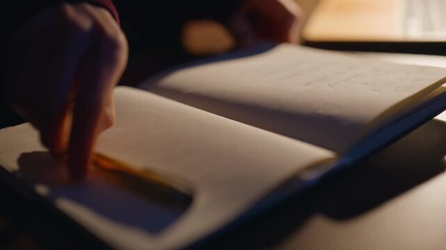 Closeup hands writing notes notebook evening. Woman planning ideas journal home.