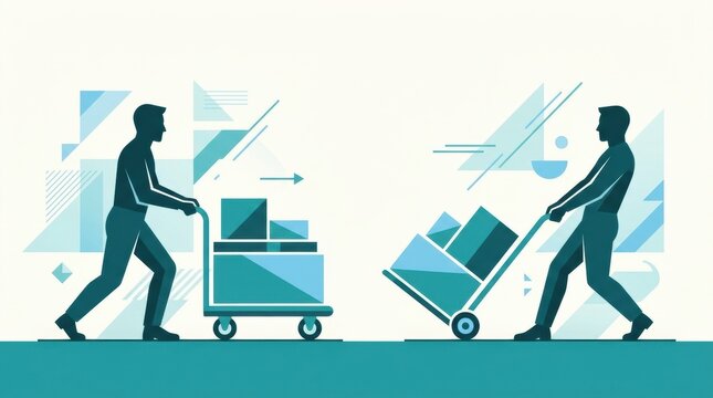 Workers are engaged in pushing carts with boxes in a workplace setting, focusing on ergonomic practices and injury prevention.