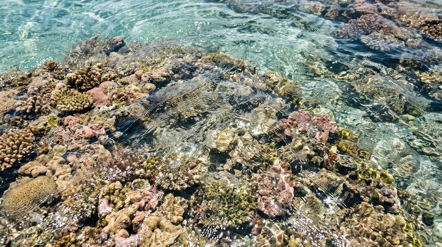 Clear seawater skimming across colorful coral reef rocks