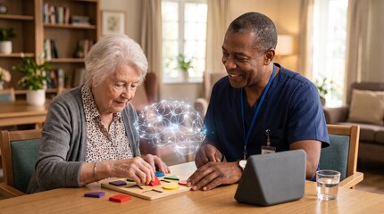 Fototapeta premium Caregiver and Senior Woman Playing Brain Training Game at Home