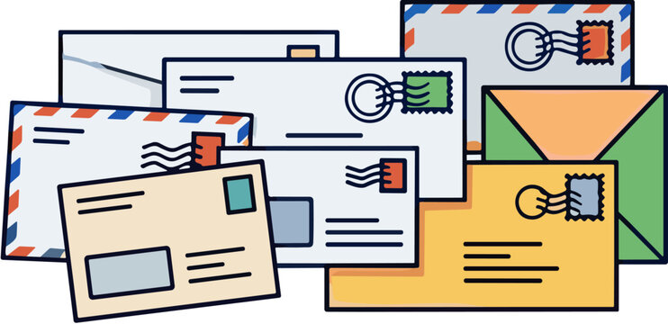 Flat vector illustration of a pile of mail envelopes and letters with postage stamps for postal communication and business delivery