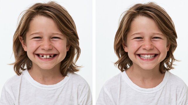 Split frame showing protruding upper teeth in a child versus an aligned bite. Concept of pediatric orthodontic correction.