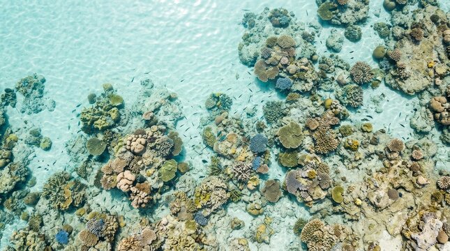 Calm shallow ocean water over vibrant coral reef and marine life