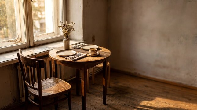 Caf ambiance, an empty wooden chair at a table for two, bathed in warm afternoon light