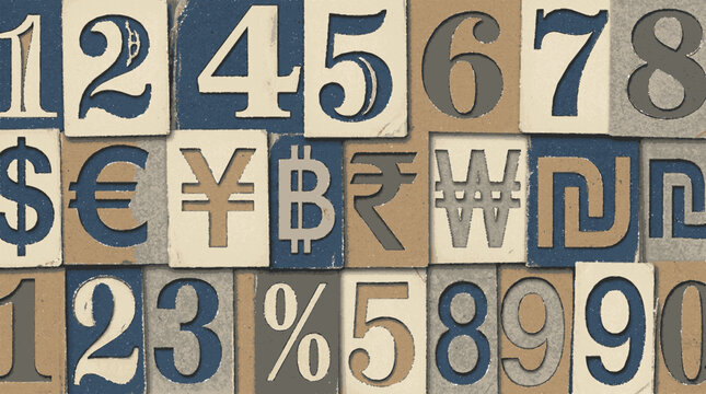 Vintage typography tiles featuring numbers and global currency symbols arranged in a structured grid for financial concepts with investment