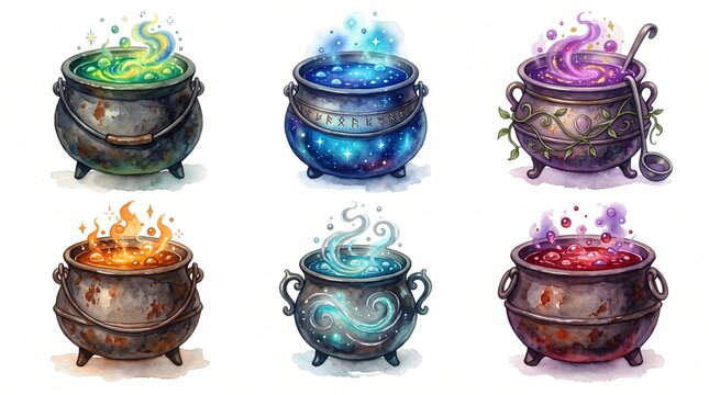 Watercolor cauldrons with glowing magic potions. Mystical witch brewing pots for fantasy, halloween, and magical spell design. cauldron, magic potion, witch, witchcraft, brewing, glowing, magic, fanta