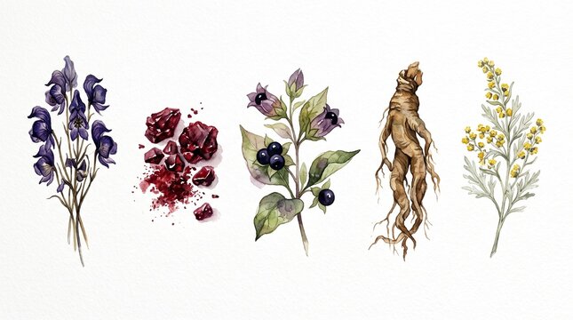Watercolor spell ingredients and mystical herbs. Arcane components including mandrake root and poisonous berries for witchcraft, alchemy, and fantasy art. spell ingredients, alchemy, witchcraft, mandr