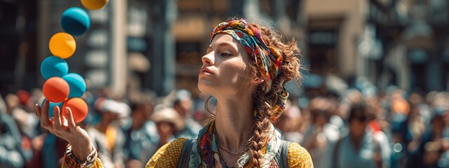 Young Italian street performer effortlessly spinning bouquet of colorful ball her finger amidst busy colorful crowd thronged popular Florentine city square clean professional stock photo sharp macro