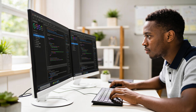 Black software engineer writing code on dual monitor computer bright modern home office workspace natural light