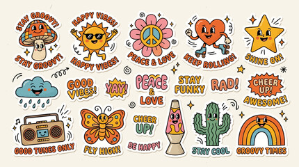 Obraz premium Retro Groovy Seventies Aesthetic Sticker Set Featuring Whimsical Characters and Positive Phrases