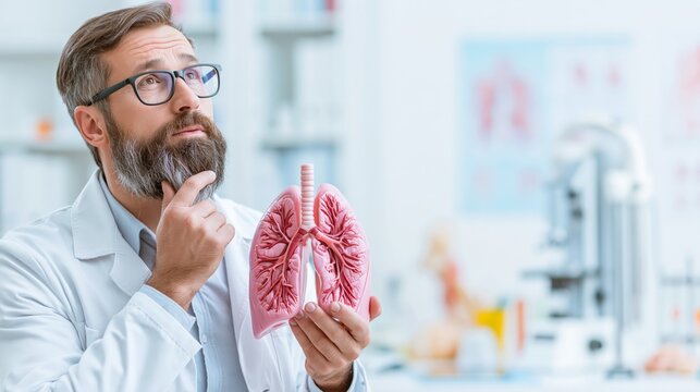 Pulmonologist holding a lung anatomy model in a clinic while thinking. Concept of quiz, consultation and trivia about pulmonology.