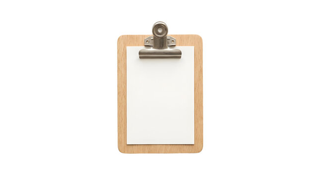 Wooden clipboard with blank white paper and metal clip PNG Isolated on transparent background
