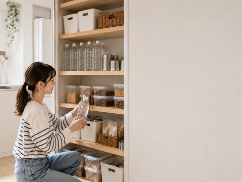 Young Japanese woman organizing bottled water in home pantry