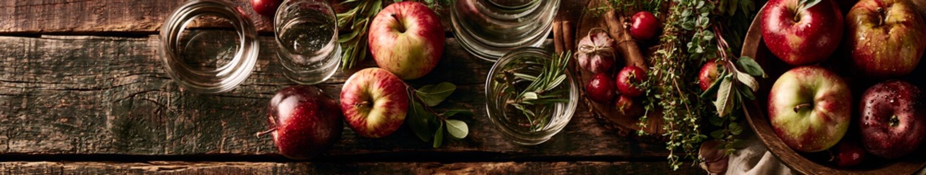 Rustic autumn still life with apples, fresh herbs, garlic, cinnamon and glass jars on a weathered wooden table