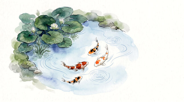 Watercolor painting of koi carp swimming in a peaceful lily pond.