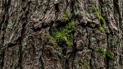 Fototapeta premium Close up of weathered tree bark with vibrant green moss growing