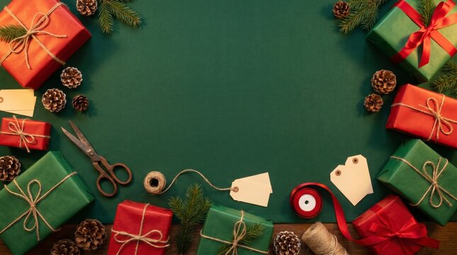 Festive flat lay of wrapped Christmas gifts pinecones and tags on green background