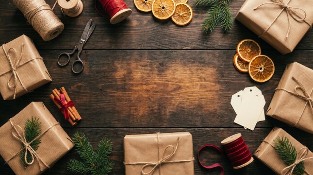 Rustic flat lay of kraft paper gifts dried orange and cinnamon on dark wooden table