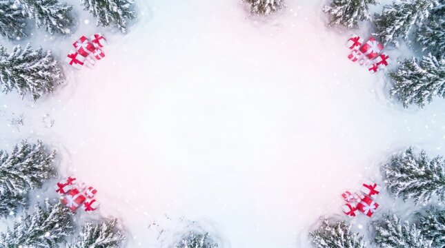 Minimal overhead snowy forest with tiny red Christmas gifts framing a white center