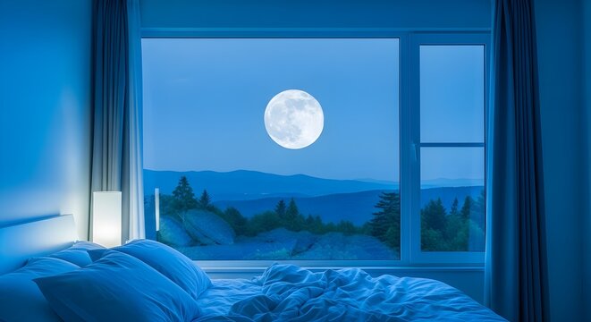 A serene bedroom scene captures moonlight glowing through a window onto a neatly made bed with a mountain landscape outside.