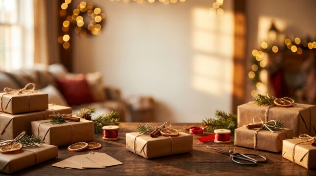 Warm cozy living room table with kraft wrapped Christmas gifts and glowing bokeh lights