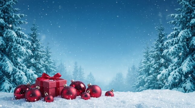 Red Christmas gift and glossy baubles nestled in snow among frosted winter pine trees