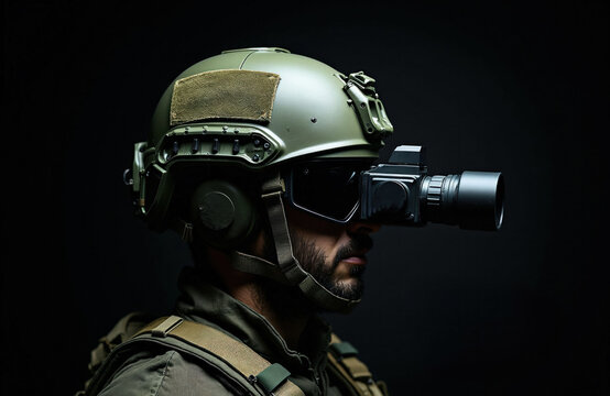 Man in military helmet with night vision device attached. Wears tactical gear, goggles for dark observation. Special forces soldier uses advanced optics for combat. Soldier equipped for night