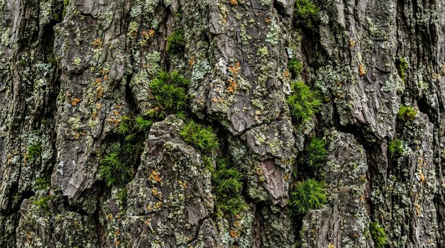 Close up of weathered tree bark with green moss and lichen