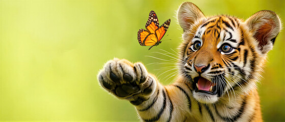Obraz premium Tiger cub playing with orange butterfly. Small predator discovering nature in forest. Cute wild animal portrait for International Tiger Day. Banner with copy space
