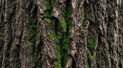 Obraz premium Detailed view of rough tree bark with vibrant green moss