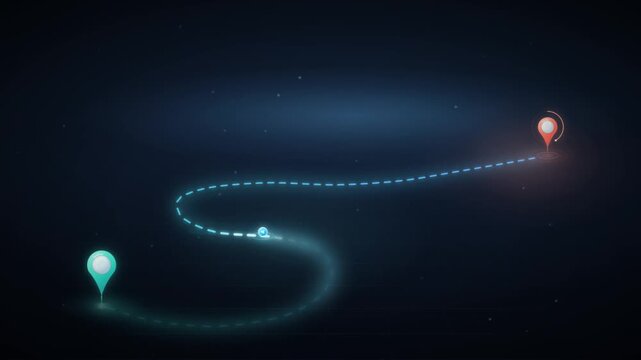 Animated digital map route tracking with dashed line and two location pins