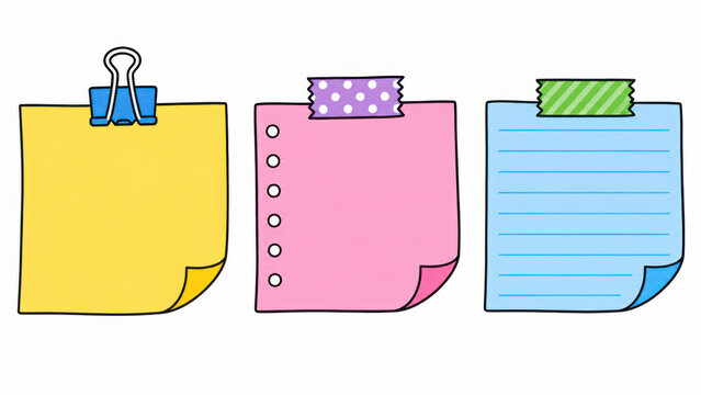 Colorful cartoon sticky note set with clip and tape