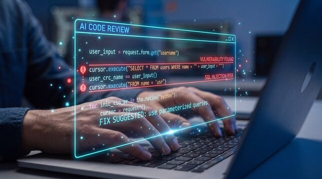 Programmer uses AI code review interface to identify sql injection vulnerability in dark lab