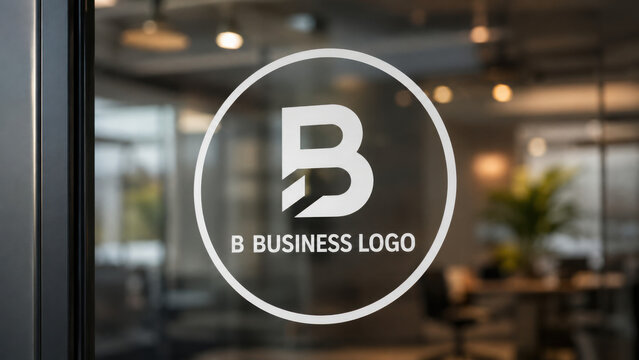 Business logo on glass window with blurred office interior and storefront door mockup for company branding