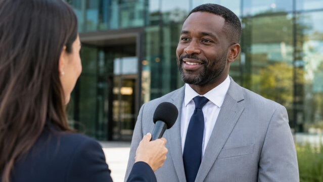 Businesswoman interviewing a man in suit with microphone outside office