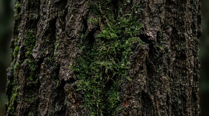 Obraz premium Green moss texture growing on rough tree bark close up