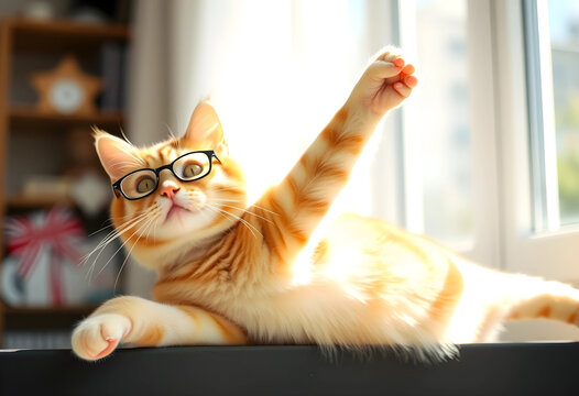 Ginger cat wearing eyeglasses with one paw raised, playful pet intelligence and curiosity, domestic animal humor