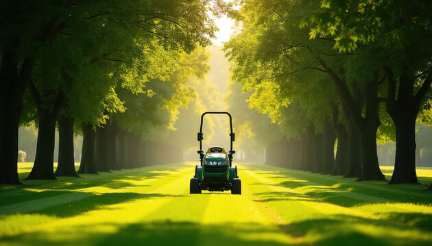 Green ride-on lawn mower sits on manicured grass field. Tall trees line pathway. Sun shines through foliage creating soft light. Park upkeep scene.