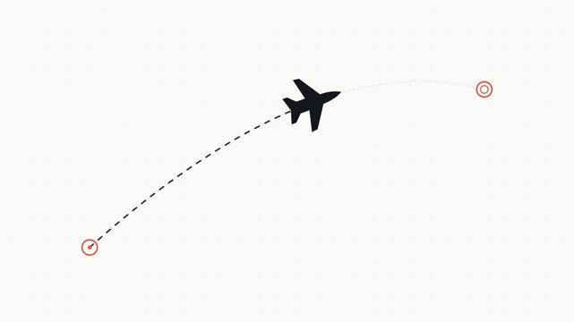 Airplane flying along dashed route line from departure to destination on white background