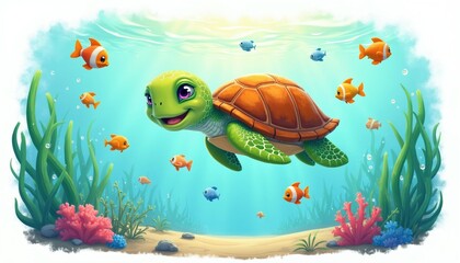 Obraz premium Cute baby sea turtle swims underwater among colorful coral reef, exotic tropical fish. Happy reptile animal floats in blue ocean water near green plants on sandy seabed. Cartoon wildlife scene for