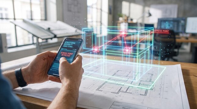 Smartphone analyzing structural integrity via holographic overlay on blueprints