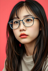Fototapeta premium Young asian woman with long dark hair and eyeglasses looking forward against a solid red background, Her face is framed by the dark hair, with a subtle red earring visible